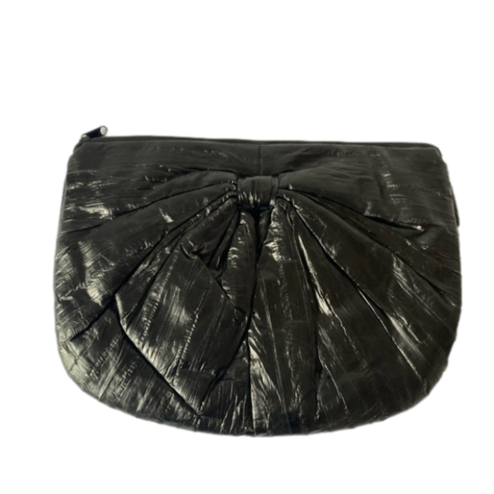 Vintage Genuine EEL Skin Suede Lining Bow Black Clutch Evening Classic Timeless